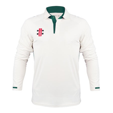 The Gray Nicolls Pro Performance V3 Cricket Shirt 12 Pack features white long sleeves, a green collar, green cuff accents, and a small red and black logo on the left chest—classic Gray Nicolls style inspired by their iconic cricket shirts.