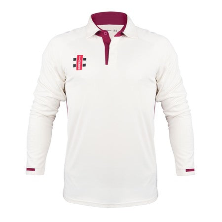 A pack of 12 Gray Nicolls Pro Performance V3 long-sleeved, cream cricket shirts with a maroon collar, maroon cuff accents, and a red-black logo on the left chest is shown on a plain white background.