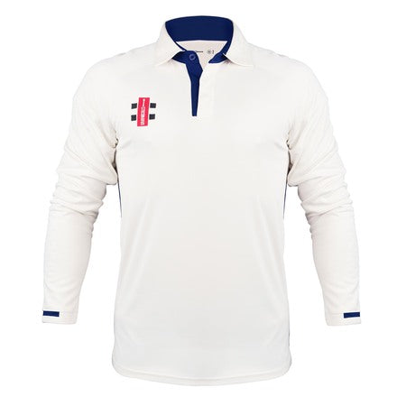 The Gray Nicolls Pro Performance V3 Cricket Shirt 12 Pack features long sleeves, a white design with a dark blue collar and trim, buttons at the neckline, and a small red, black, and white logo on the left chest.