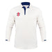 The Gray Nicolls Pro Performance V3 Cricket Shirt 12 Pack features long sleeves, a white design with a dark blue collar and trim, buttons at the neckline, and a small red, black, and white logo on the left chest.