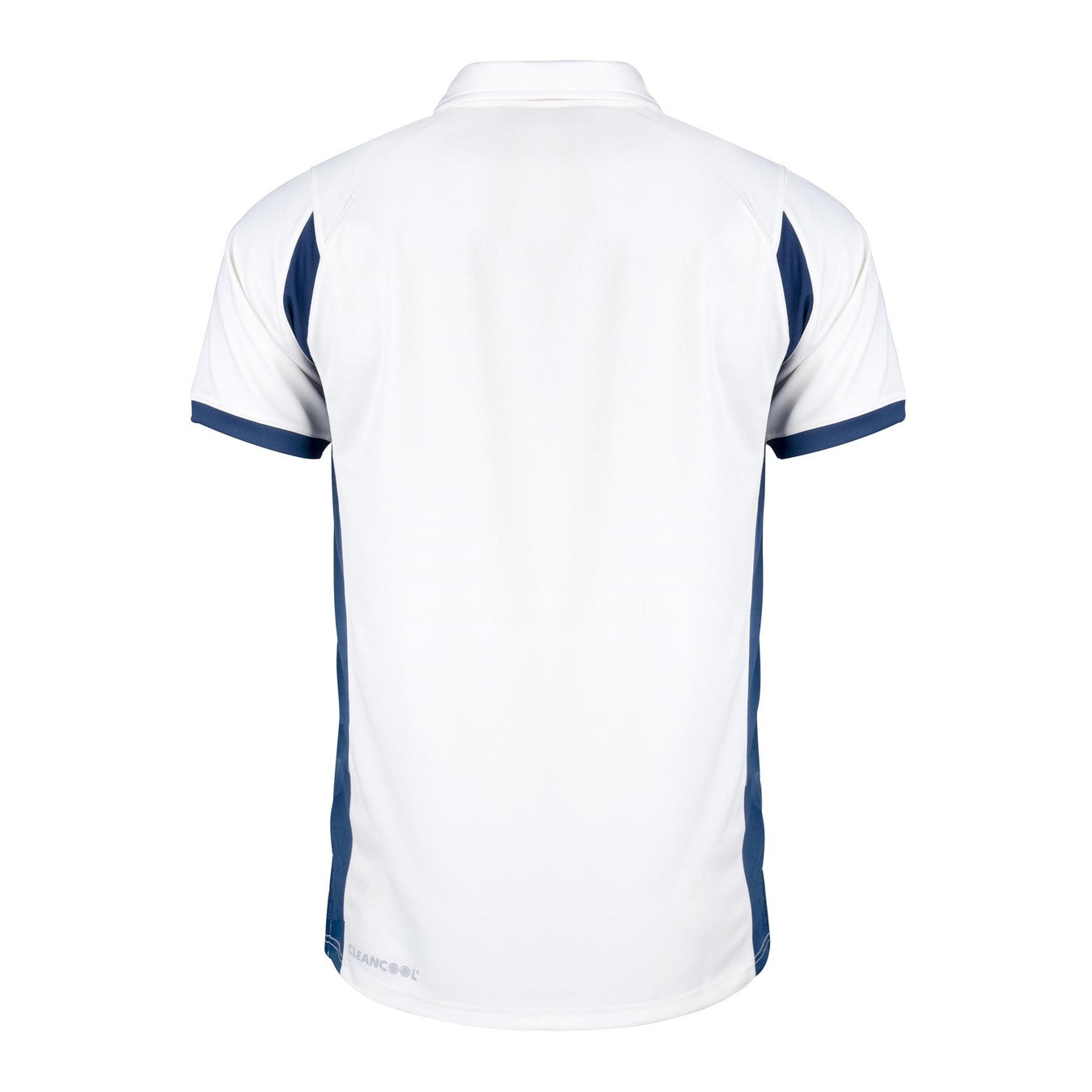 Shown from the back, the Gray Nicolls Arcadians Nine Elms CC Pro Performance V2 S/S Cricket Shirt is white with dark blue side panels and sleeve edges, features a collar, and has no visible logos or designs on the back.