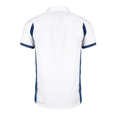 Shown from the back, the Gray Nicolls Arcadians Nine Elms CC Pro Performance V2 S/S Cricket Shirt is white with dark blue side panels and sleeve edges, features a collar, and has no visible logos or designs on the back.
