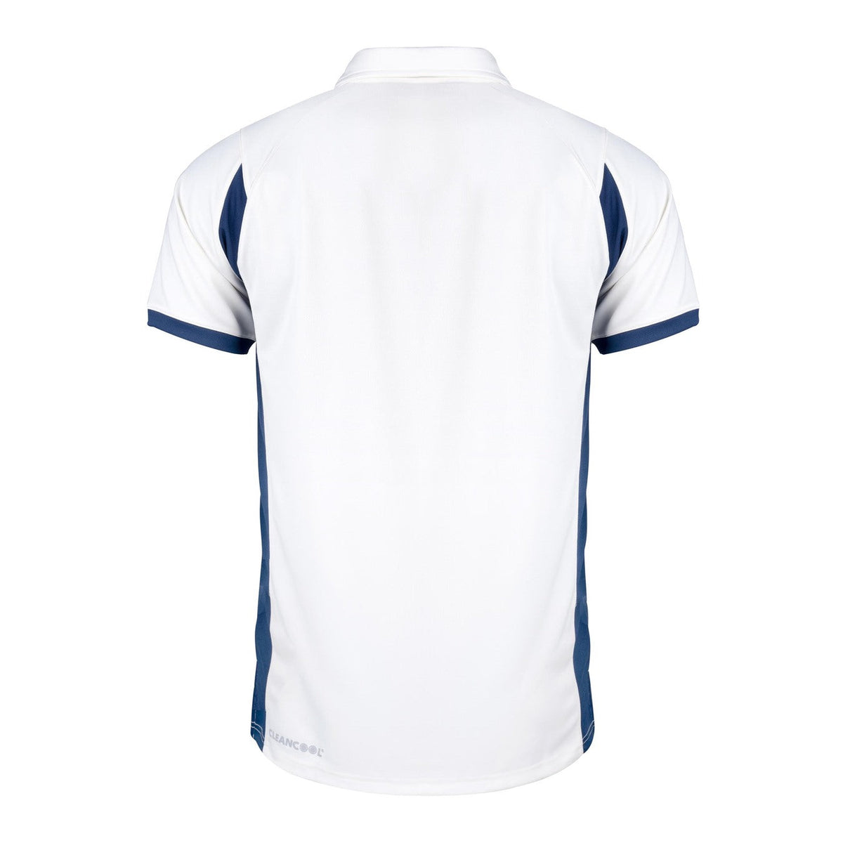 The Gray Nicolls Winchcombe CC Pro Performance V2 S/S Cricket Shirt features a white design with navy side panels and sleeve trim, shown from the back on a plain white background. Perfect for Winchcombe CC players.