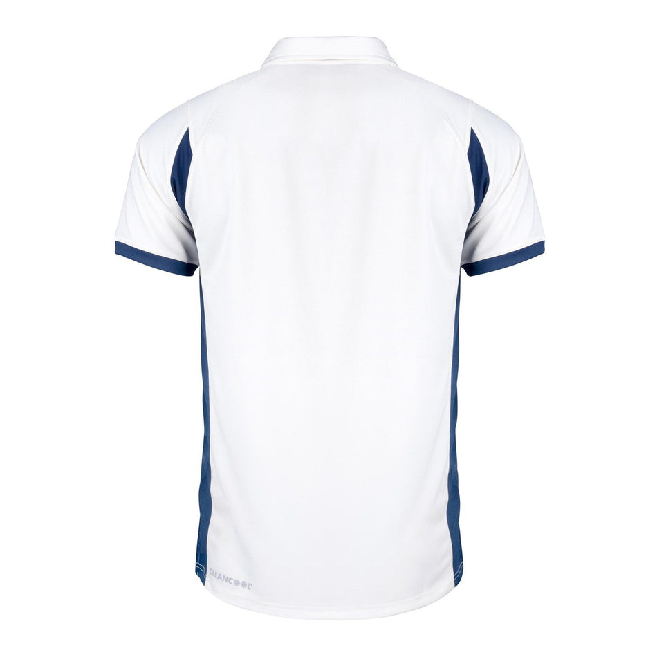 The Gray Nicolls Winchcombe CC Pro Performance V2 S/S Cricket Shirt features a white design with navy side panels and sleeve trim, shown from the back on a plain white background. Perfect for Winchcombe CC players.