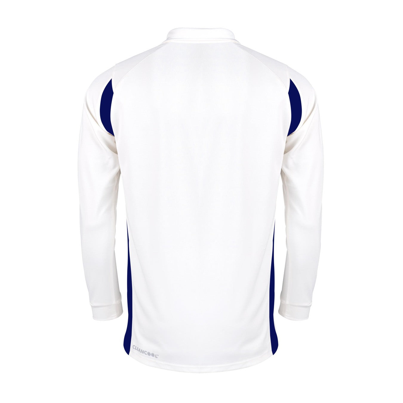 The Gray Nicolls Winchcombe CC Pro Performance V2 L/S Cricket Shirt, in white with dark blue side panels and cooling fabric, is shown from the back against a plain white background.