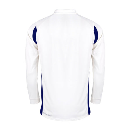 The Gray Nicolls Winchcombe CC Pro Performance V2 L/S Cricket Shirt, in white with dark blue side panels and cooling fabric, is shown from the back against a plain white background.