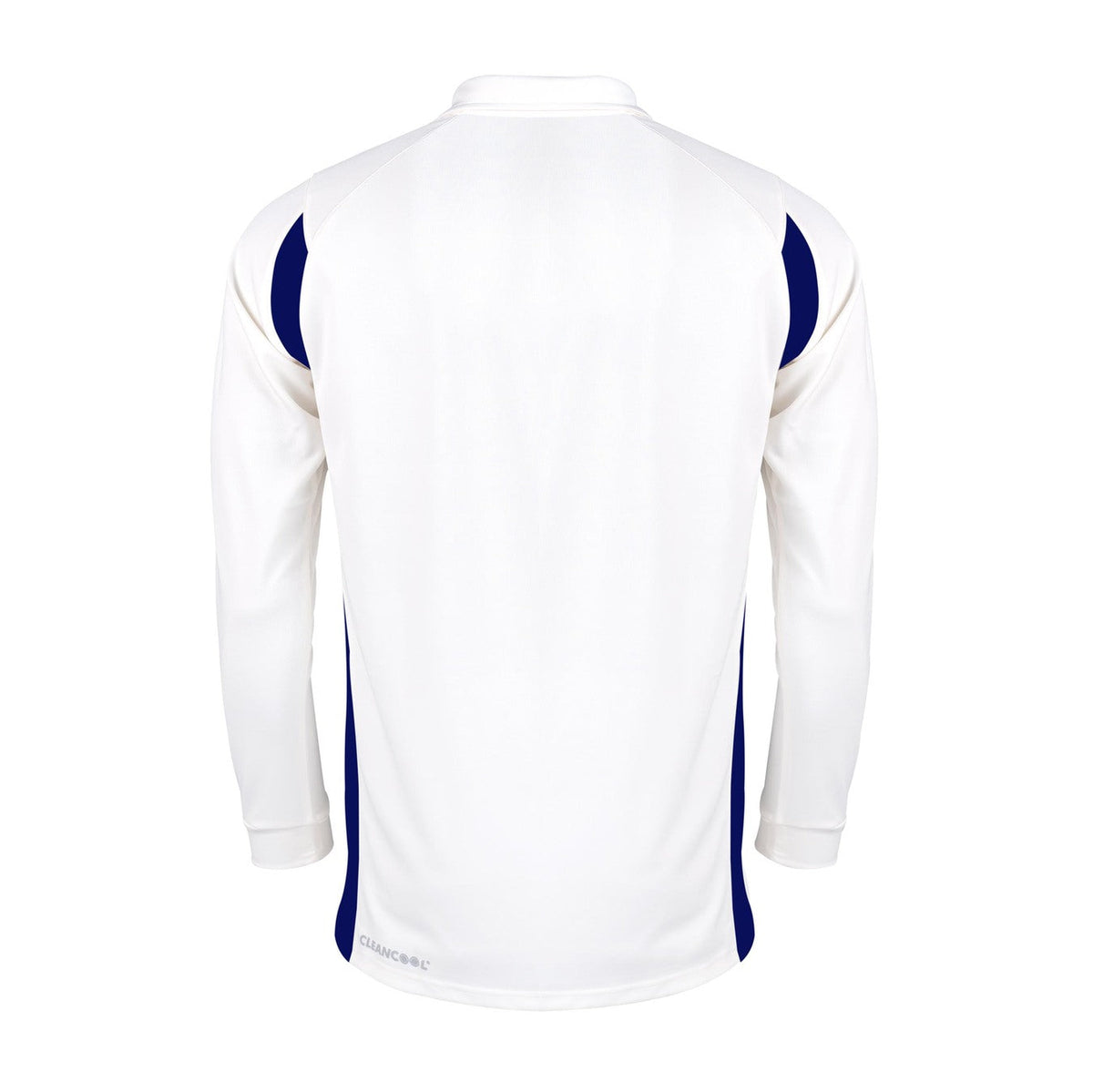 Back view of the Gray Nicolls Arcadians Nine Elms CC Pro Performance V2 L/S Cricket Shirt in white with dark blue side panels and a small CLIMATEC logo near the bottom hem.