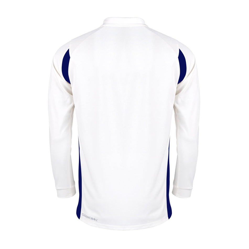 Back view of the Gray Nicolls Arcadians Nine Elms CC Pro Performance V2 L/S Cricket Shirt in white with dark blue side panels and a small CLIMATEC logo near the bottom hem.