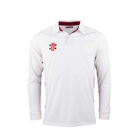 The Gray Nicolls Pro Performance V2 Cricket Shirt 12 Pack features long sleeves, a white design with collar, a small orange, black, and white logo on the left chest, and maroon trim inside the collar—perfect for team customization.