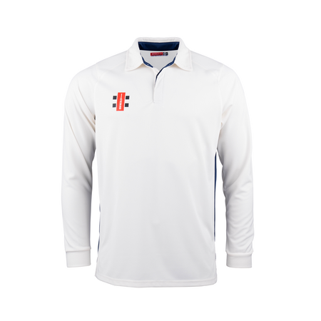 The Gray Nicolls Pro Performance V2 Cricket Shirt 12 Pack features long sleeves, a white design with collar, a partial button placket, and a red and black logo on the left chest—ideal as cricket team shirts.