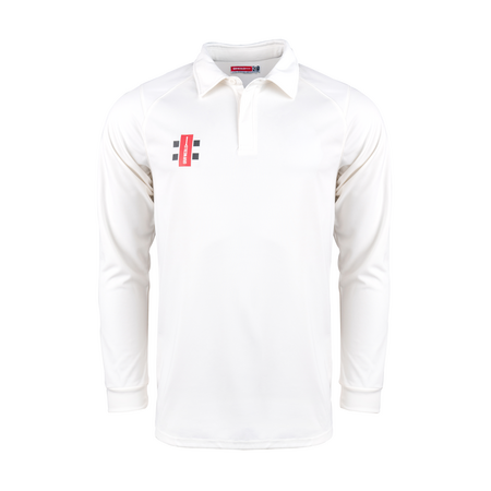 The Gray Nicolls Pro Performance V2 Cricket Shirt 12 Pack with Logo features long sleeves, a collared design, and a small black and red logo on the left chest—perfect for classic cricket team shirts.