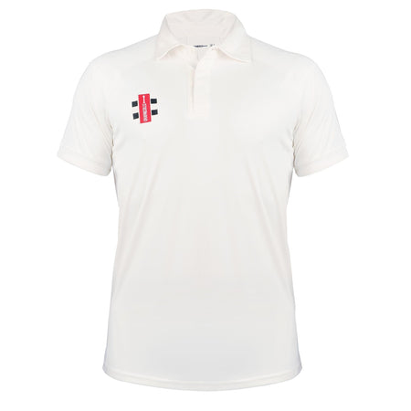 The Gray Nicolls Rockhampton CC Pro Performance V3 Junior Short Sleeved Shirt features a plain white design with a collar and a small red and black chest logo, offering comfort and style for young cricketers.
