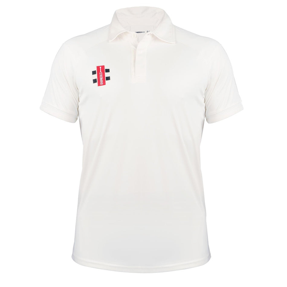 The Gray Nicolls Rockhampton CC Pro Performance V3 Junior Short Sleeved Shirt features a plain white design with a collar and a small red and black chest logo, offering comfort and style for young cricketers.