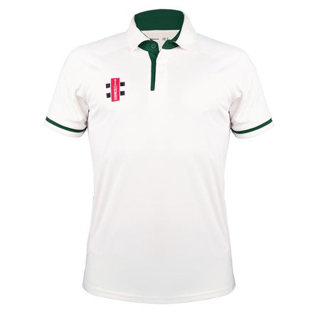 The Gray Nicolls Pro Performance V3 Cricket Shirt 12 Pack features white short-sleeve polos with green collar and sleeve trim, plus a small red, black, and white logo—ideal for fans of Gray Nicolls cricket shirts.
