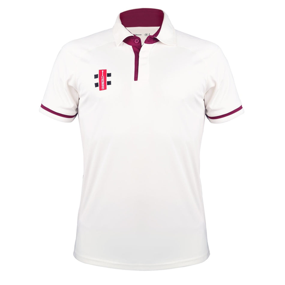 The Gray Nicolls Penallt & Redbrook CC Pro Performance V3 Short Sleeved Match Shirt is white with maroon trim on the collar, placket, and cuffs, plus a red and black logo on the left chest.