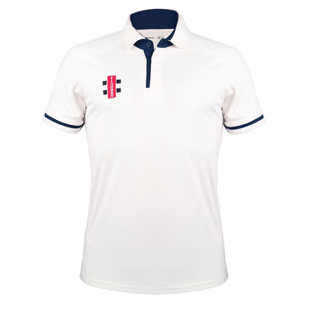 The Gray Nicolls Arcadians Nine Elms CC Pro Performance V3 Short Sleeved Cricket Shirt is white with dark blue trim on the collar, cuffs, and buttons, plus a red and black club logo on the left chest for a classic look.