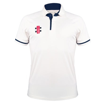 The Gray Nicolls Pro Performance V3 Cricket Shirt 12 Pack features white short-sleeve polos with navy trim and a red/black logo—ideal for quality team cricket shirts from Gray Nicolls.