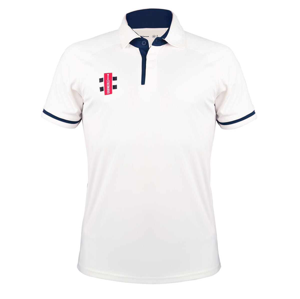 The Gray Nicolls Winchcombe CC Pro Performance V3 Short Sleeved Cricket Shirt is white with a dark navy collar, navy sleeve trim, and features a small red and black rectangular logo on the left chest.