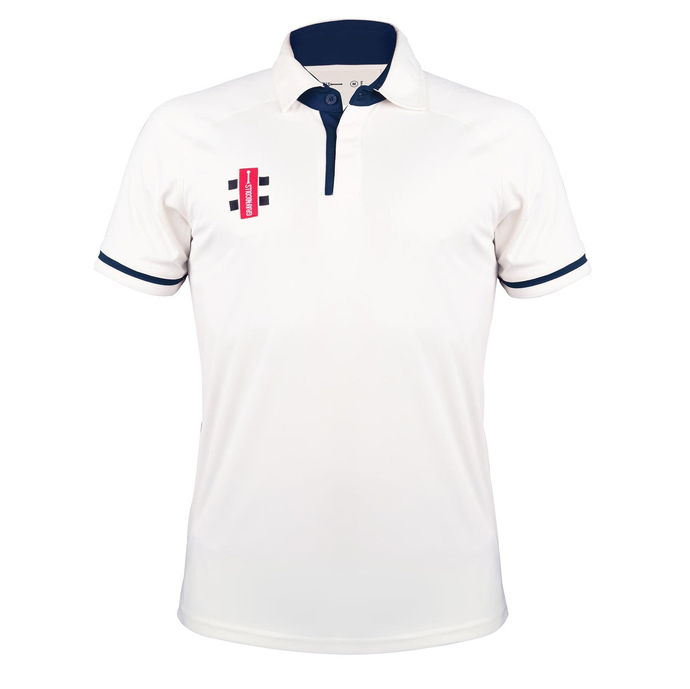 The Gray Nicolls Winchcombe CC Pro Performance V3 Short Sleeved Cricket Shirt is white with a dark navy collar, navy sleeve trim, and features a small red and black rectangular logo on the left chest.