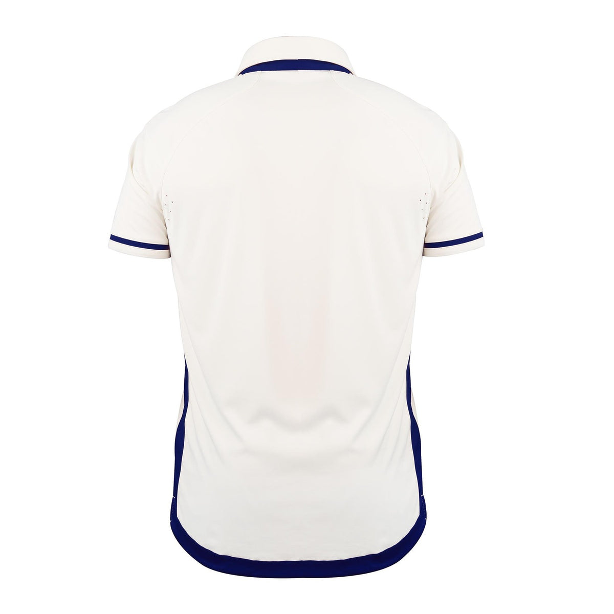 The Gray Nicolls Arcadians Nine Elms CC Pro Performance V3 Short Sleeved Cricket Shirt is shown from the back, displaying dark blue trim on the cuffs, collar, and hem—a classic style for club players.