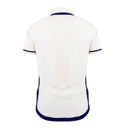 The Gray Nicolls Arcadians Nine Elms CC Pro Performance V3 Short Sleeved Cricket Shirt is shown from the back, displaying dark blue trim on the cuffs, collar, and hem—a classic style for club players.