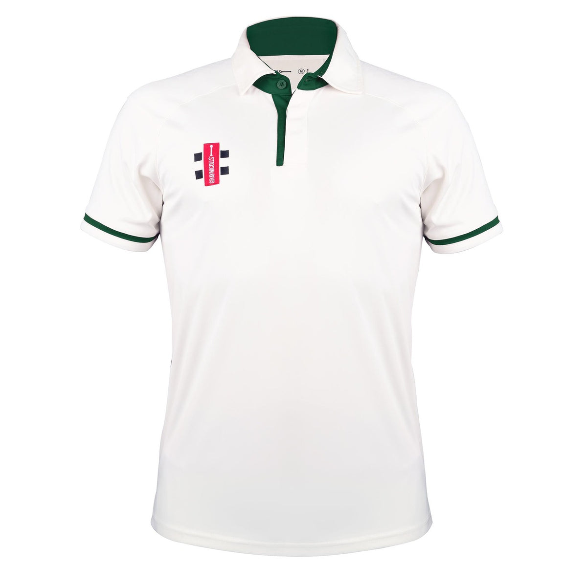 The Gray Nicolls Pro Performance V3 Short Sleeve Shirt features a white design with dark green collar and sleeve trim, three buttons, and a red and black logo on the chest. This moisture-wicking shirt is ideal for cricket players wanting comfort and style.