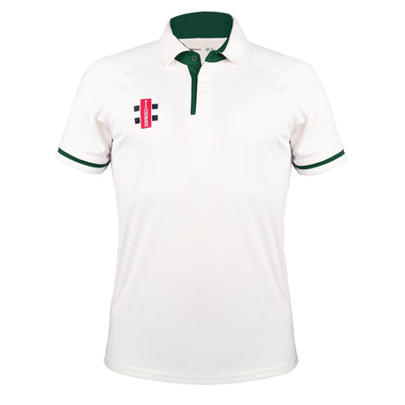 The Gray Nicolls Pro Performance V3 Short Sleeve Shirt features a white design with dark green collar and sleeve trim, three buttons, and a red and black logo on the chest. This moisture-wicking shirt is ideal for cricket players wanting comfort and style.