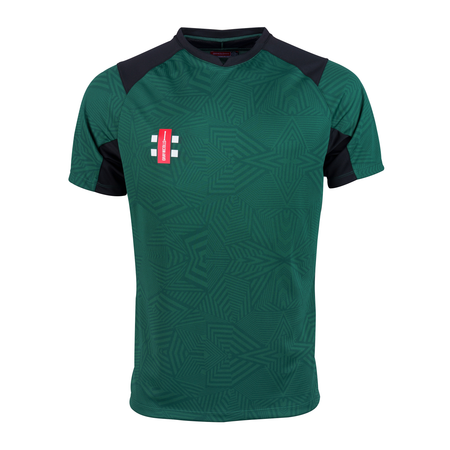 The Gray Nicolls Pro T20 Short Sleeve Match Shirt features short sleeves, a green and black design with geometric pattern, a red and white logo on the left chest, and offers anti-UV protection—ideal cricket clothing from Gray Nicolls.