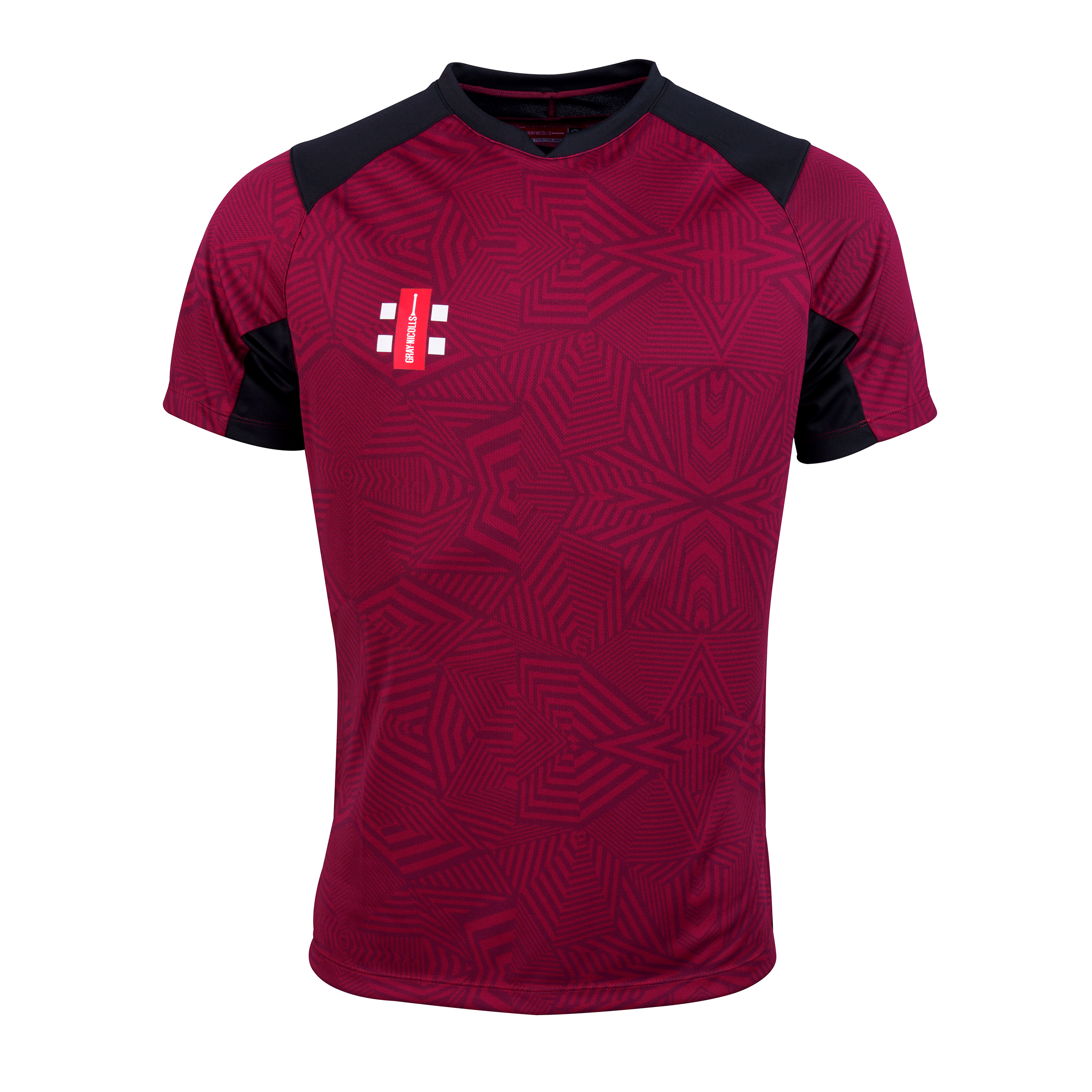 The Gray Nicolls Pro T20 Short Sleeve Match Shirt features maroon and black colors, abstract geometric patterns, and a white/red logo on the left chest. Perfect for T20 matches, this shirt is shown against a white background.