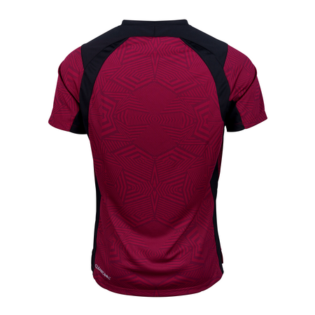 The Lydney CC Pro T20 Short Sleeve Match Shirt by Gray Nicolls features maroon fabric with black side panels and an intricate lighter maroon geometric back pattern—perfect for a stylish look at any T20 match.