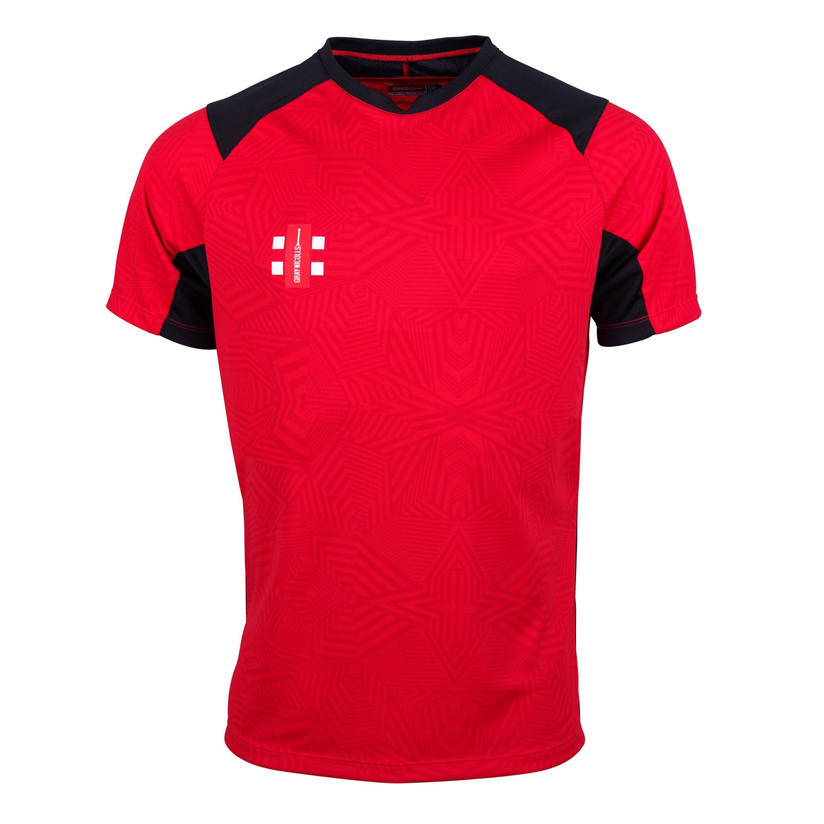 The Gray Nicolls Pro T20 Short Sleeve Match Shirt features a red and black design with geometric patterns, a small white logo on the chest, and offers anti-UV protection—ideal high-performance cricket wear from Gray Nicolls.