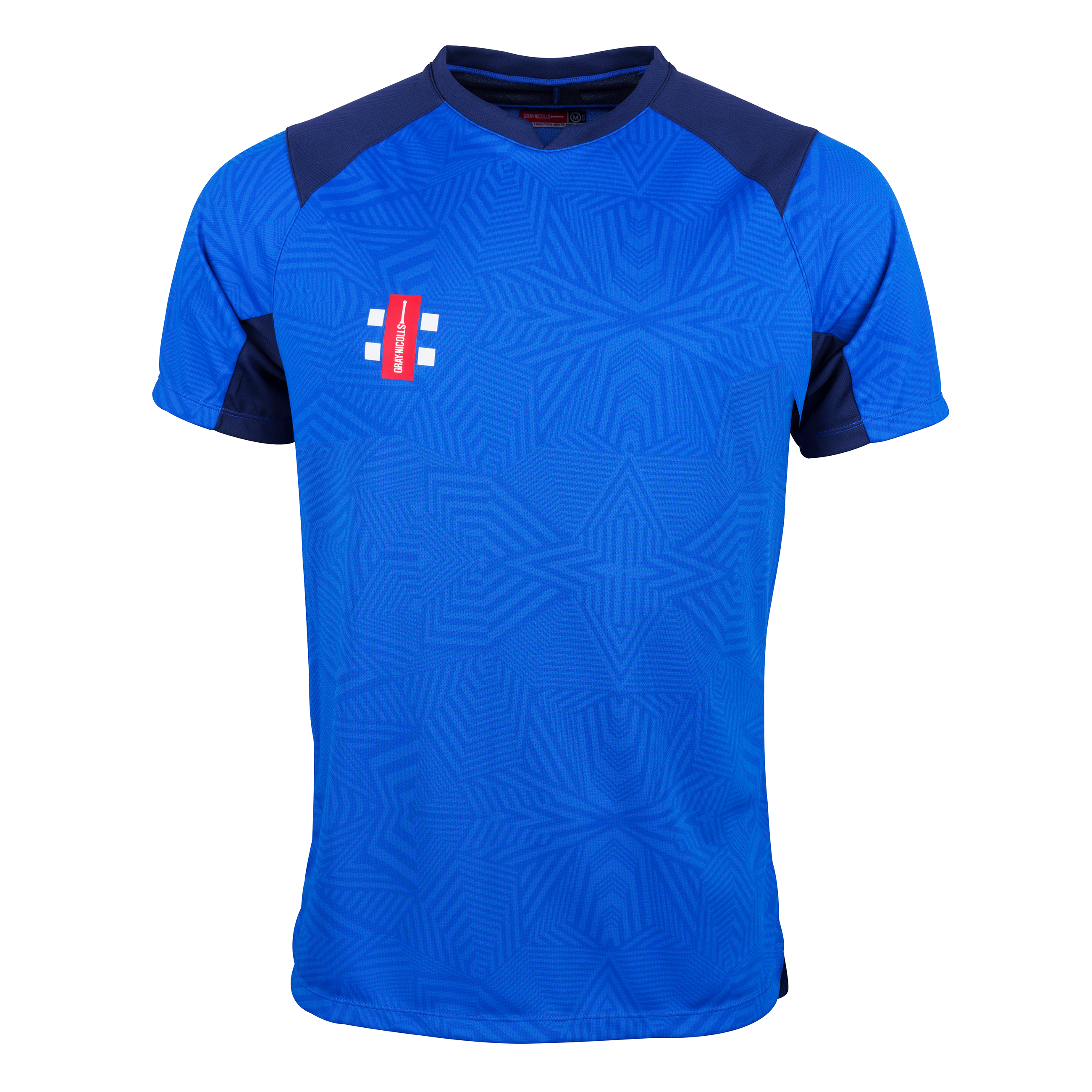The Gray Nicolls Pro T20 Short Sleeve Match Shirt by Gray Nicolls features royal and navy colors, dark blue shoulder panels, subtle geometric star patterns, and a red and white rectangular logo on the left chest. Displayed on a plain white background.