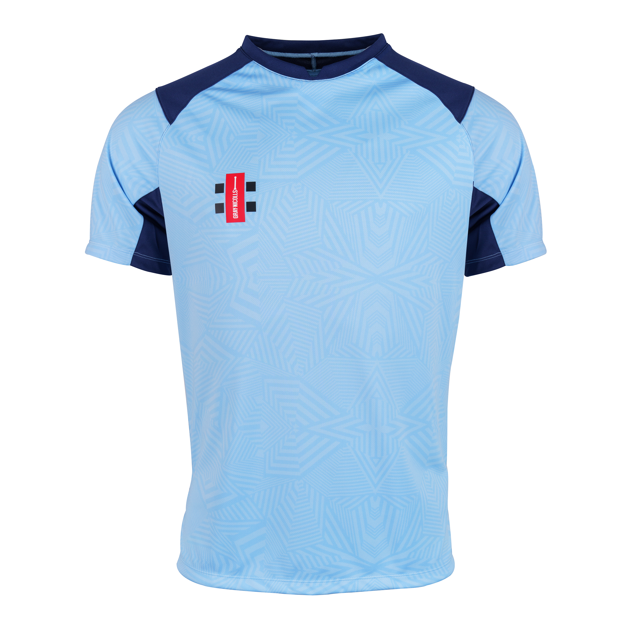 The Gray Nicolls Pro T20 Short Sleeve Match Shirt in Sky/Navy features dark blue shoulders and sleeves, geometric star patterns, and a small red and white logo on the left chest. Displayed on a plain white background.