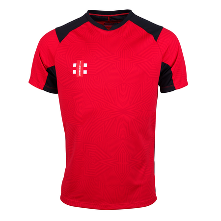 The Gray Nicolls Pro T20 Match Shirts 12 Pack with Logo features short sleeves, a red design with black shoulder and side panels, a subtle geometric star pattern, and a small white club logo on the left chest.
