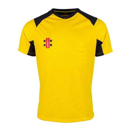 A pack of 12 Gray Nicolls Pro T20 Match Shirts, yellow with black shoulder and sleeve accents, subtle geometric patterns, and a red/black club logo on the left chest. Displayed against a plain white background.