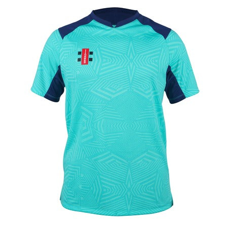 The Gray Nicolls Pro T20 Match Shirts 12 Pack with Logo features turquoise shirts with dark blue shoulder and sleeve accents, a geometric pattern, and a small rectangular logo on the left chest.