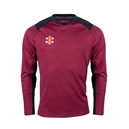 The Lydney CC Pro T20 Long Sleeve Match Shirt by Gray Nicolls features maroon fabric, black shoulder panels and sides, a geometric star pattern, and a white-orange logo. Ideal as an anti-UV cricket shirt for stylish on-field performance.
