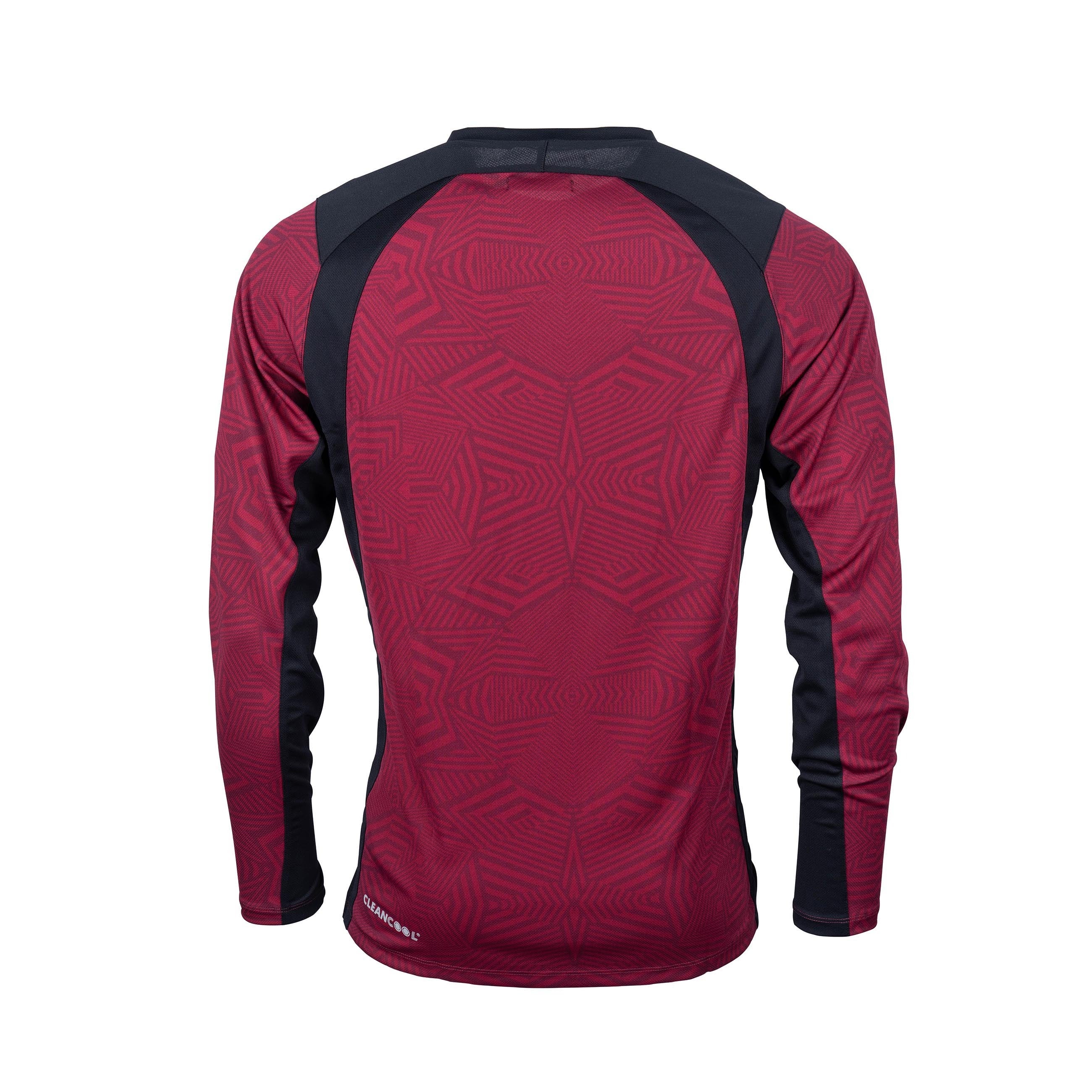 The Gray Nicolls Lydney CC Pro T20 Long Sleeve Match Shirt has a maroon and black geometric design, black panels on the shoulders/sides, fitted sleeves, and anti-UV fabric for cricket performance. Shown from the back.