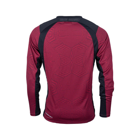 The Gray Nicolls Lydney CC Pro T20 Long Sleeve Match Shirt has a maroon and black geometric design, black panels on the shoulders/sides, fitted sleeves, and anti-UV fabric for cricket performance. Shown from the back.