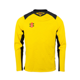 The Gray Nicolls Pro T20 Long Sleeve Match Shirt features a yellow and black design with black accents, a geometric pattern, and a small red, black, and yellow logo on the upper left chest.