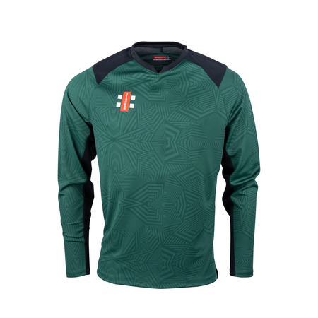 The Gray Nicolls Pro T20 Match Shirts 12 Pack with Logo offers long-sleeved, dark green shirts with black shoulder panels, geometric patterns, and a small orange and white club logo—perfect for cricket teams seeking stylish, high-performance apparel.