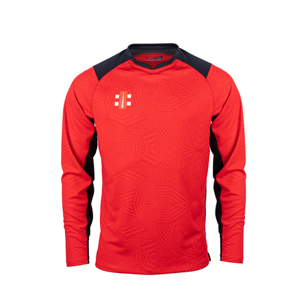 A long-sleeve Gray Nicolls Pro T20 Match Shirt with black shoulder and side accents, subtle geometric pattern, and a white club logo on the upper left chest. Sold as a 12 pack.