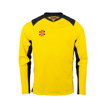 The Gray Nicolls Pro T20 Match Shirts 12 Pack with Logo features long sleeves, yellow color, black accents, geometric patterns, and a small red and black club logo—ideal for cricket shirt fans.