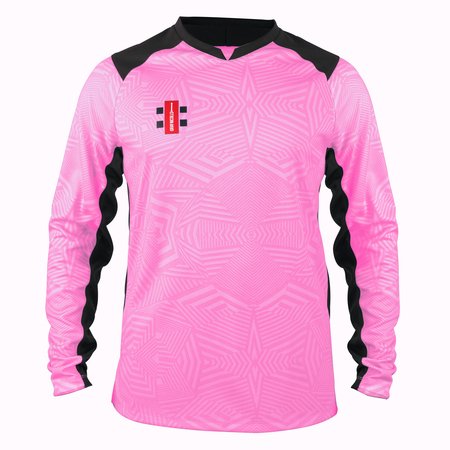 The Gray Nicolls Pro T20 Match Shirts 12 Pack with Logo is a long-sleeve pink soccer jersey with black geometric shoulder and side patterns, plus a small black and red club logo, inspired by bold Pro T20 cricket shirt designs.