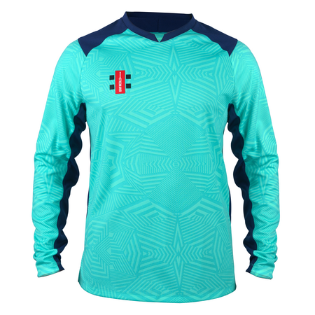 The Gray Nicolls Pro T20 Match Shirts 12 Pack with Logo are long-sleeved teal cricket shirts with dark blue accents, a geometric pattern, and a red and white rectangular logo on the left chest—styled for modern clubs.
