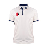 The Gray Nicolls Pro Performance V3 Short Sleeve Shirt is a white slim-fit athletic top with navy collar and sleeve trim, a small red and black geometric logo on the left chest, and a partial button placket.