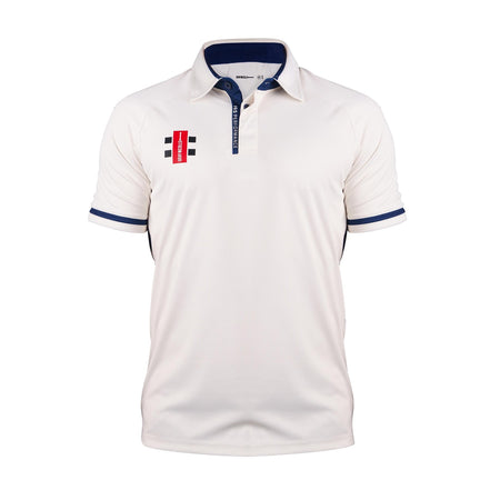 The Gray Nicolls Pro Performance V3 Short Sleeve Shirt is a white slim-fit athletic top with navy collar and sleeve trim, a small red and black geometric logo on the left chest, and a partial button placket.