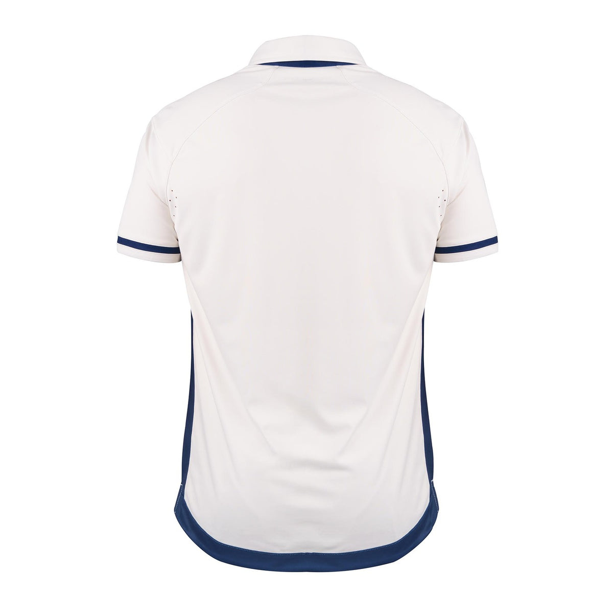 The Gray Nicolls Pro Performance V3 Short Sleeve Shirt, shown from the back, is white with navy trim on the sleeve cuffs, sides, and hem. Featuring a classic collar and moisture-wicking fabric, it's ideal for active days.