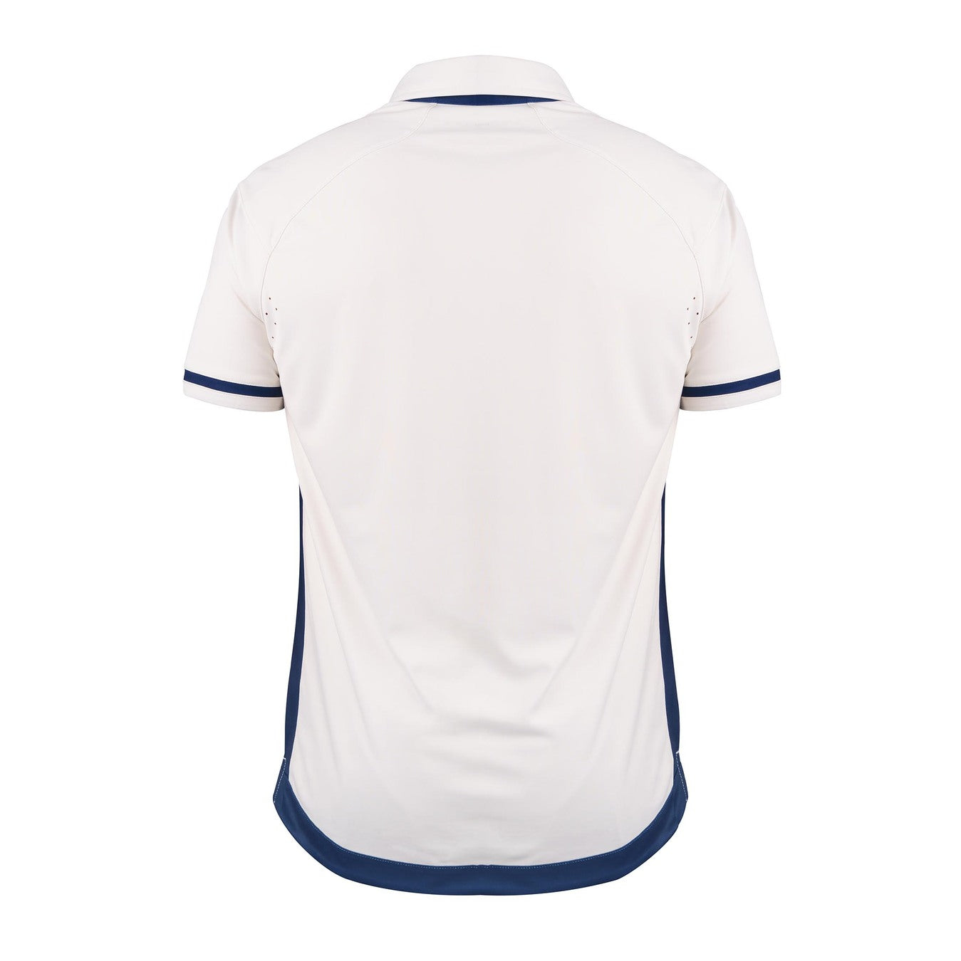 The Gray Nicolls Pro Performance V3 Short Sleeve Shirt, shown from the back, is white with navy trim on the sleeve cuffs, sides, and hem. Featuring a classic collar and moisture-wicking fabric, it's ideal for active days.