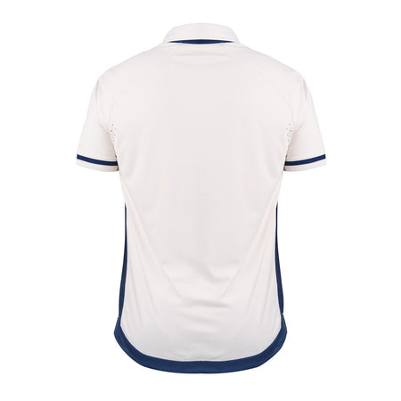 The Gray Nicolls Pro Performance V3 Short Sleeve Shirt, shown from the back, is white with navy trim on the sleeve cuffs, sides, and hem. Featuring a classic collar and moisture-wicking fabric, it's ideal for active days.